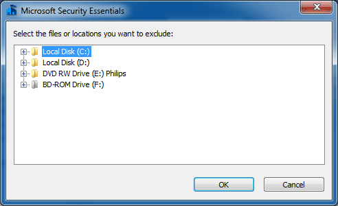Исключения Microsoft Security Essentials